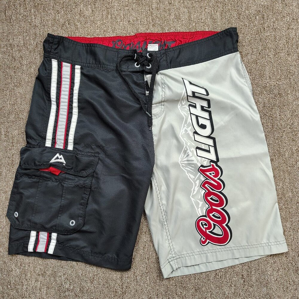 COORS LIGHT Board Shorts Men 36 Cargo Swim Trunks Colorblock Logo Spellout Beach